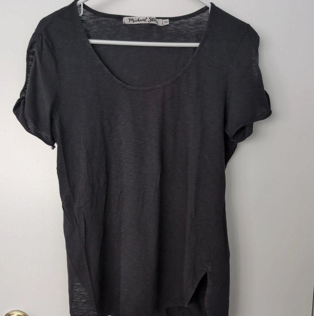 MICHAEL STARS Supima Womens Black Short Sleeve Keyhole T-Shirt One Size